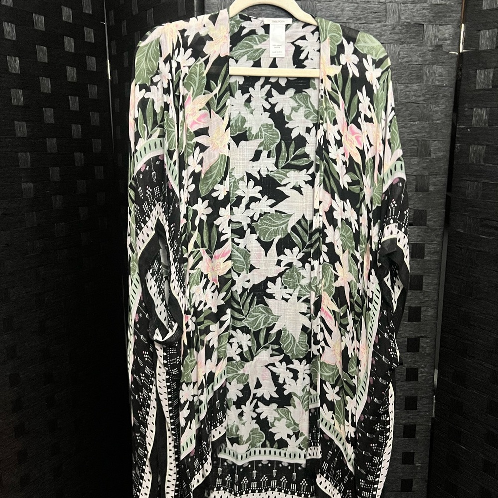 Floral Kimono with Black and White Accents